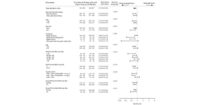 Hình 9. Các phân tích dưới nhóm về thời gian đến khi xảy ra lần đầu một trong hai biến cố được thẩm định là tử vong do bệnh tim mạch hoặc nhập viện do suy tim