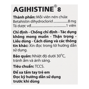 Agihistine 8 trị hội chứng hội chứng Ménière (5 vỉ x 20 viên)