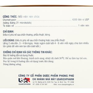 Alphachymotrypsin USAR 4200IU trị phù nề sau chấn thương (100 vỉ x 10 viên)