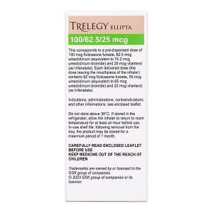 Bột hít phân liều Trelegy Ellipta 100/62,5/25 mcg giảm triệu chứng COPD lọ 30 liều hít