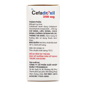 Bột pha hỗn dịch uống Cefadroxil Domesco 250mg trị nhiễm khuẩn (10 gói x 2g)