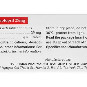 Captopril TV.Pharm 25mg trị tăng huyết áp, suy tim sung huyết (10 vỉ x 10 viên)