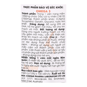 Dầu cá Costar Omega-3 hỗ trợ giảm mỡ máu, tốt cho tim mạch lọ 100 viên