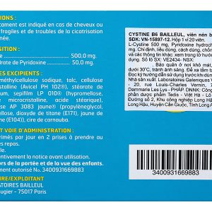 Cystine B6 Bailleul trị bệnh lý liên quan đến tóc, móng (1 vỉ x 20 viên)