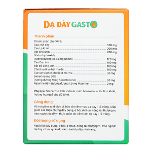Hỗn dịch Dạ Dày Gasto hỗ trợ giảm acid dịch vị, bảo vệ niêm mạc dạ dày hộp 20 gói x 10ml
