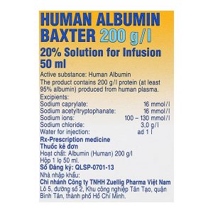 Dung dịch tiêm Human Albumin Baxter 200g/l phục hồi và duy trì thể tích máu lọ 50ml