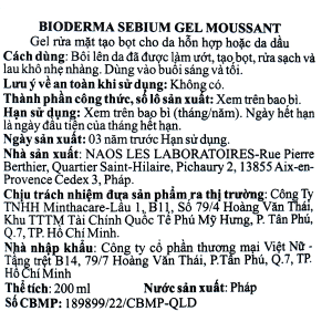 Gel rửa mặt Bioderma Sébium Gel Moussant làm sạch cho da dầu và da hỗn hợp tuýp 200ml