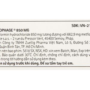 Glucophage 850mg trị đái tháo đường tuýp 2 (5 vỉ x 20 viên)