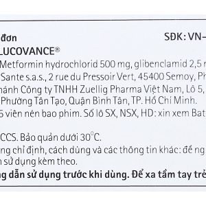 Glucovance 500mg/2.5mg trị đái tháo đường tuýp 2 (2 vỉ x 15 viên)
