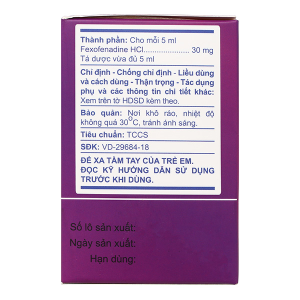 Hỗn dịch uống A.T Fexofenadin 30mg/5ml trị viêm mũi dị ứng, mày đay (30 gói x 5ml)