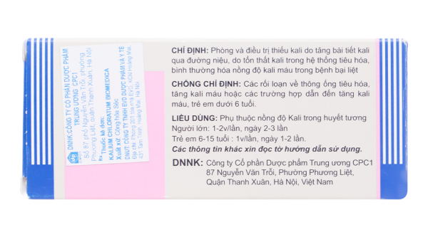 Kalium Chloratum 500mg phòng và trị thiếu kali (10 vỉ x 10 viên)