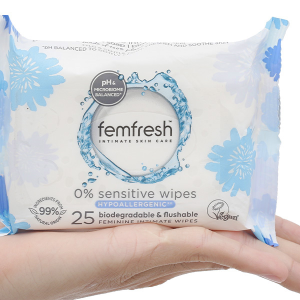 Khăn ướt vệ sinh vùng kín Femfresh Intimate Skincare 0% Sensitive cho da nhạy cảm gói 25 miếng
