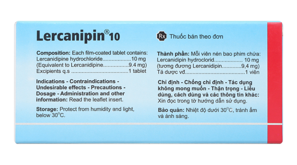Lercanipin 10mg trị tăng huyết áp đơn liều hoặc phối hợp (3 vỉ x 10 viên)