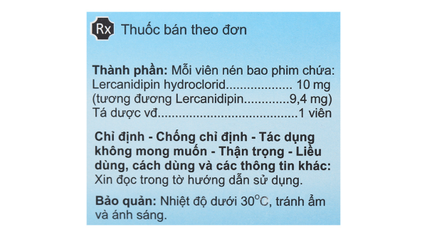 Lercanipin 10mg trị tăng huyết áp đơn liều hoặc phối hợp (3 vỉ x 10 viên)