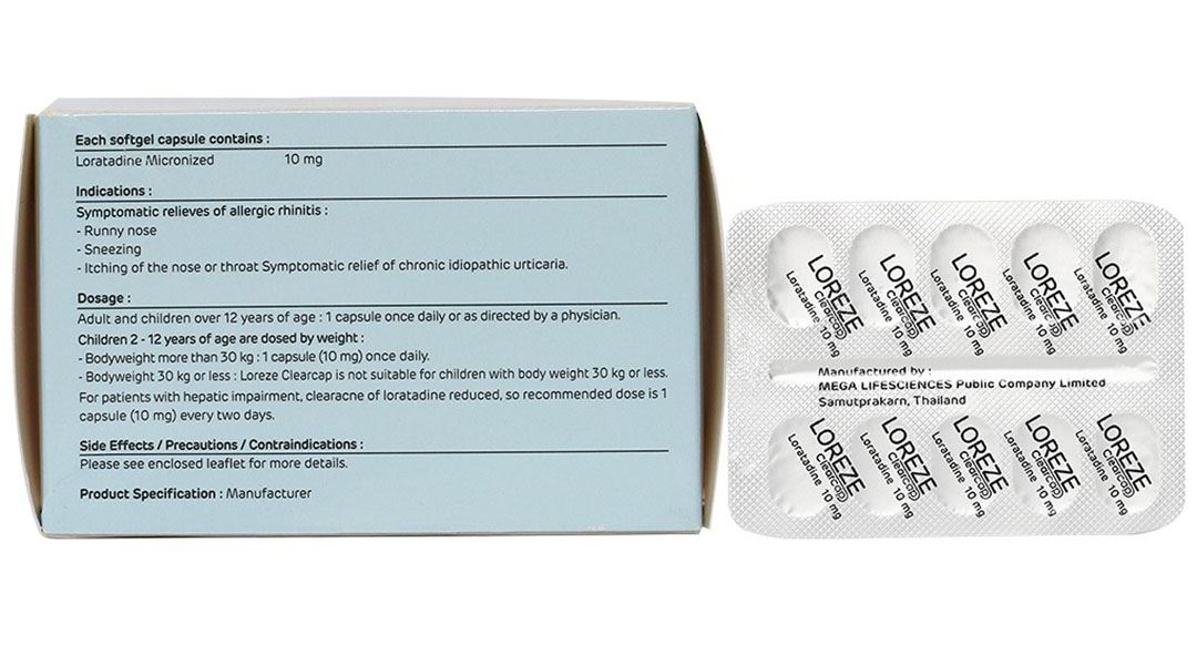 Loreze Clearcap 10mg trị triệu chứng viêm mũi dị ứng, mày đay (5 vỉ x 10 viên)