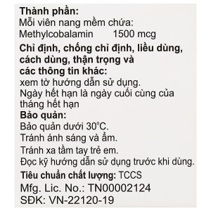 Methylcobalamin Capsules 1500mcg điều trị bệnh lý thần kinh ngoại biên (3 vỉ x 10 viên)