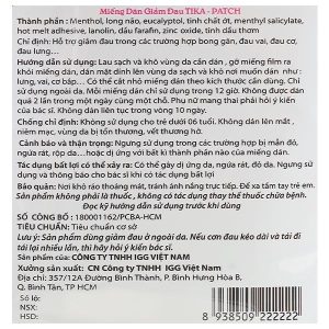 Miếng dán Tika-Patch giảm đau cơ, xương khớp (7cm x 10cm) gói 4 miếng