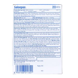 Cao dán Salonpas (6,5cm x 4,2cm) giảm đau, kháng viêm cơ xương (10 hộp x 20 miếng)