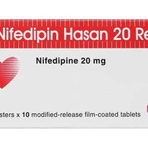 Nifedipin Hasan 20 Retard trị tăng huyết áp, đau thắt ngực (10 vỉ x 10 viên)