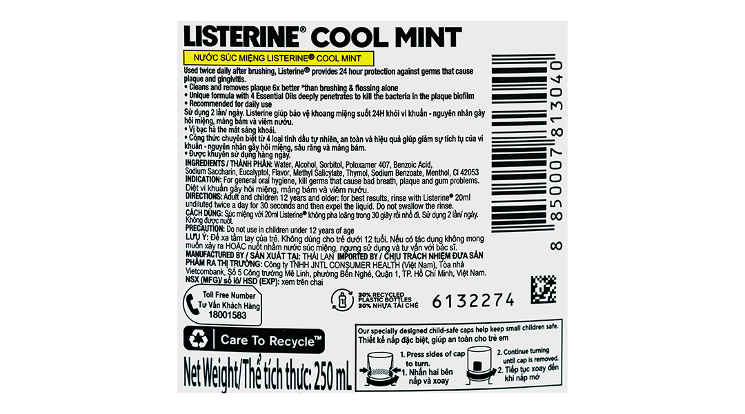 Nước súc miệng Listerine Cool Mint hơi thở thơm mát chai 250ml