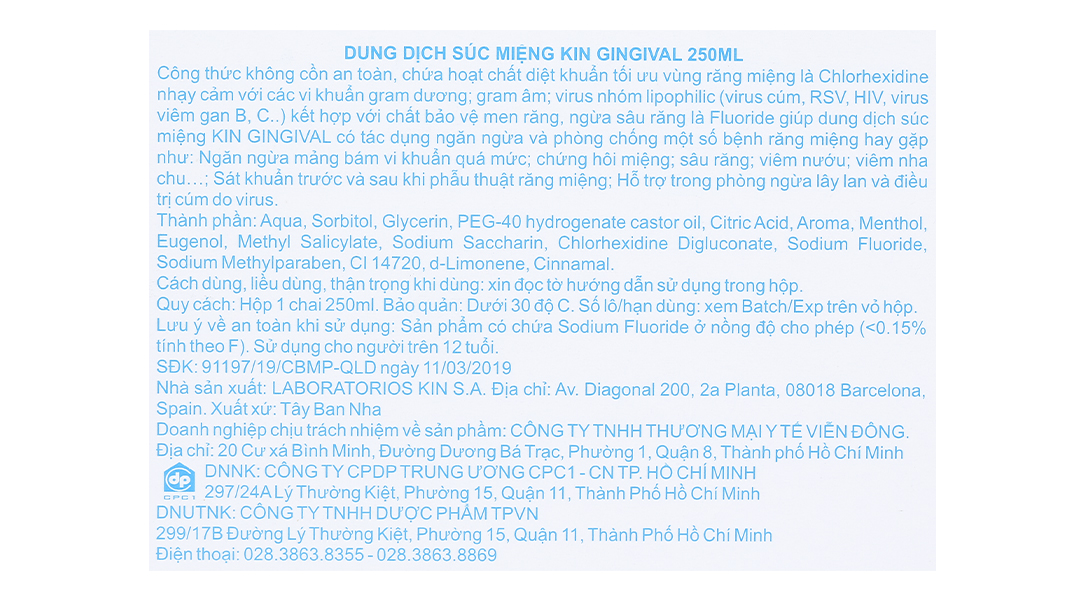 Dung dịch súc miệng Kin Gingival ngừa viêm nướu, sâu răng chai 250ml