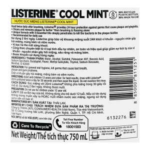 Nước súc miệng Listerine Cool Mint giúp hơi thở thơm mát chai 750ml
