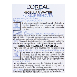 Nước tẩy trang L'Oréal Micellar Water 3 in 1 làm sạch sâu cho da trang điểm chai 400ml