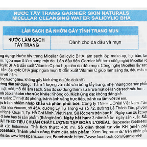 Nước tẩy trang Garnier Salicylic BHA giúp làm sạch, ngừa mụn cho da dầu & mụn chai 400ml