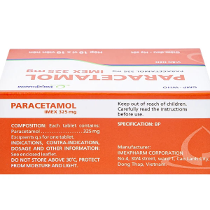 Paracetamol Imex 325mg giảm nhức đầu, nhức răng, đau nhức bắp thịt (10 vỉ x 10 viên)