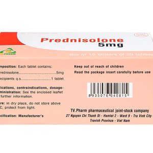 Prednisolone 5mg TV.Pharm chống viêm, chống dị ứng và ức chế miễn dịch (10 vỉ x 20 viên)