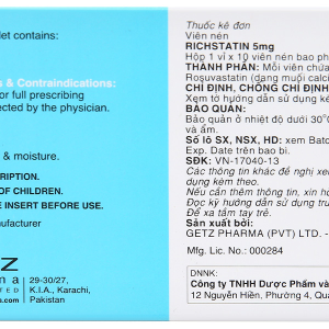 Richstatin 5mg dùng làm giảm nồng độ cholesterol toàn phần (1 vỉ x 10 viên)