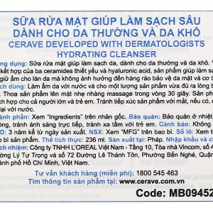 Sữa rửa mặt CeraVe Hydrating Cleanser sạch sâu cho da thường và da khô chai 236ml