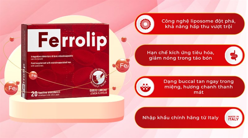 Bột Ferrolip bổ sung sắt cho cơ thể, giảm nguy cơ thiếu máu do thiếu sắt hộp 20 gói x 1.8g