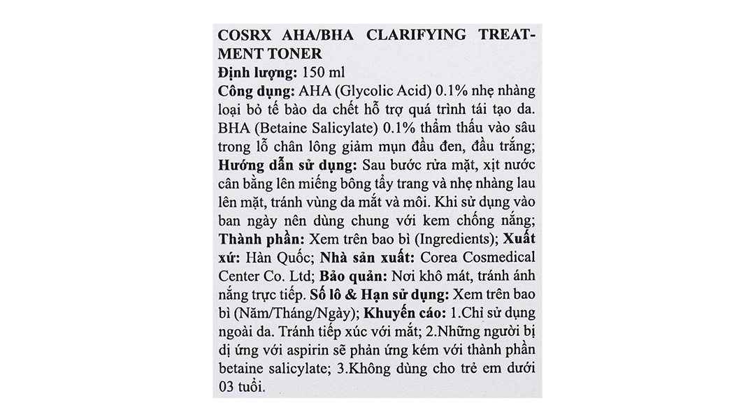 Toner Cosrx AHA/BHA Clarifying Treatment hỗ trợ tái tạo da chai 150ml