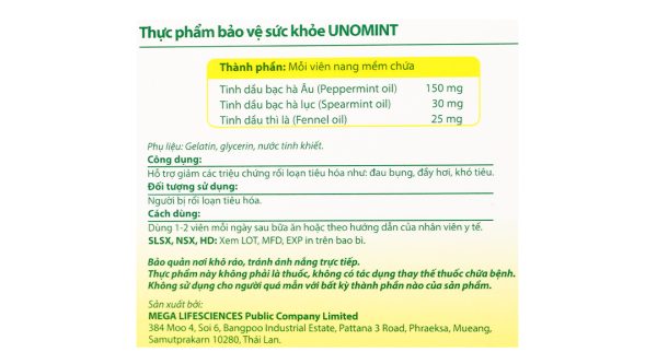Unomint hỗ trợ giảm các triệu chứng rối loạn tiêu hóa hộp 10 viên