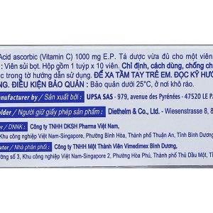 Viên sủi UPSA-C 1g trị thiếu hụt Vitamin C, cảm cúm, mệt mỏi tạm thời tuýp 10 viên